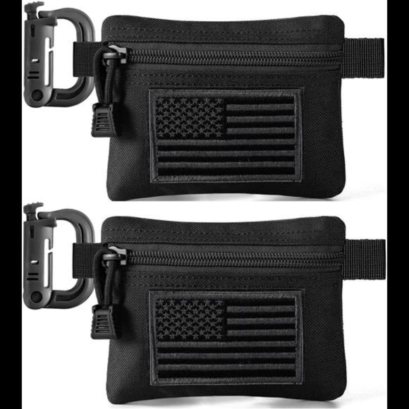 2 Pack Tactical Compact EDC Pouches w/2 US Flag Patches + 2 D-Rings